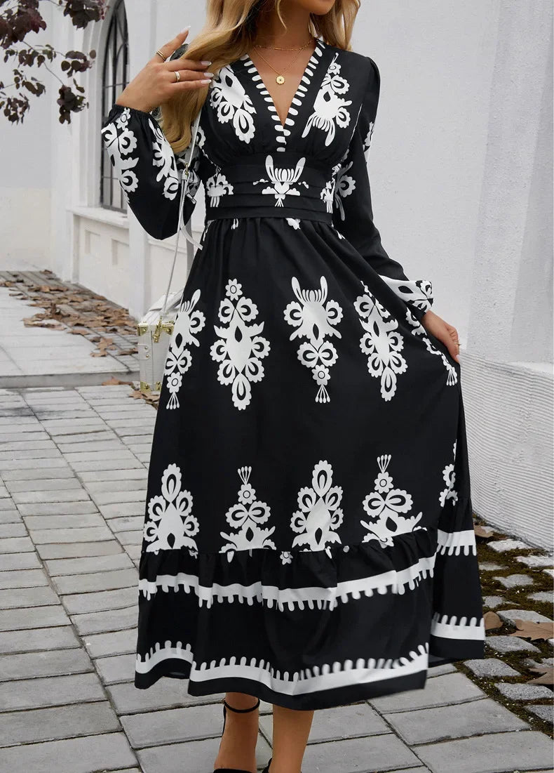 Elegant Printed V-neck A-line Boho Dress