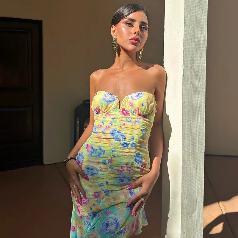 Ruched Floral Print Maxi Dress Yellow / S