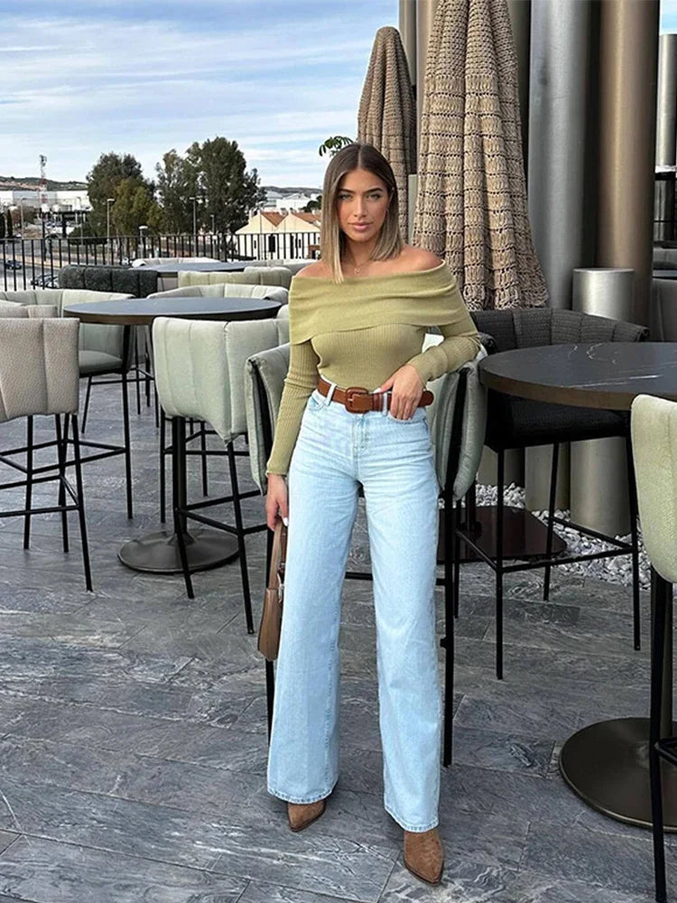 Elegant Slim Green Off-Shoulder Long Sleeve Female Chic Sweater