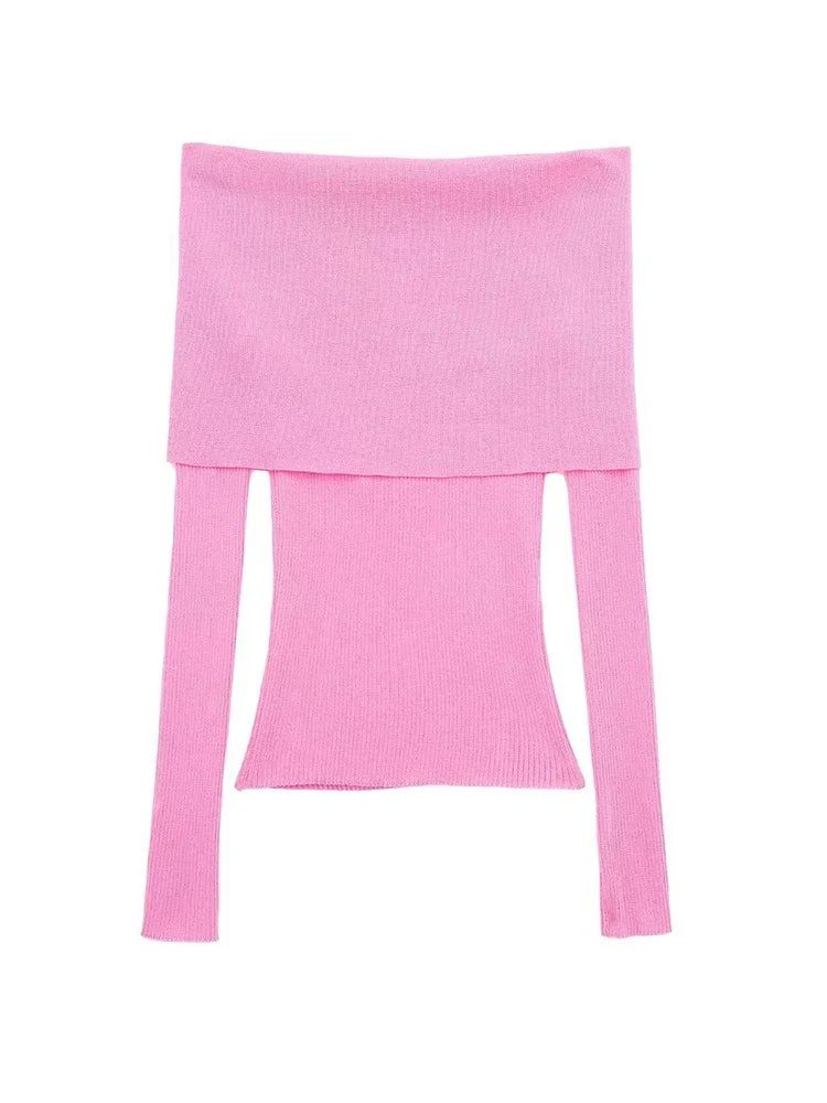 Elegant Slim Green Off-Shoulder Long Sleeve Female Chic Sweater