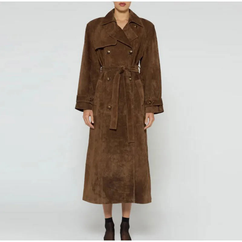 Suede Leather Chocolate Belted Overcoat Brown / S