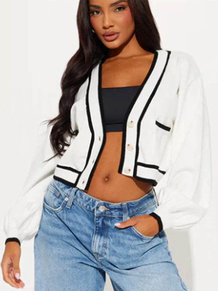 V-neck Cropped Contrasting Cardigan White / S