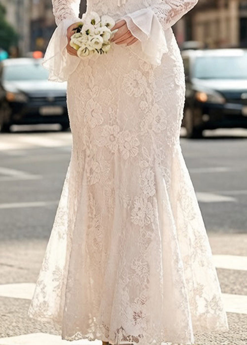 Elegant White Embroidered Lace Up Fish Tail Dress Flare Sleeve