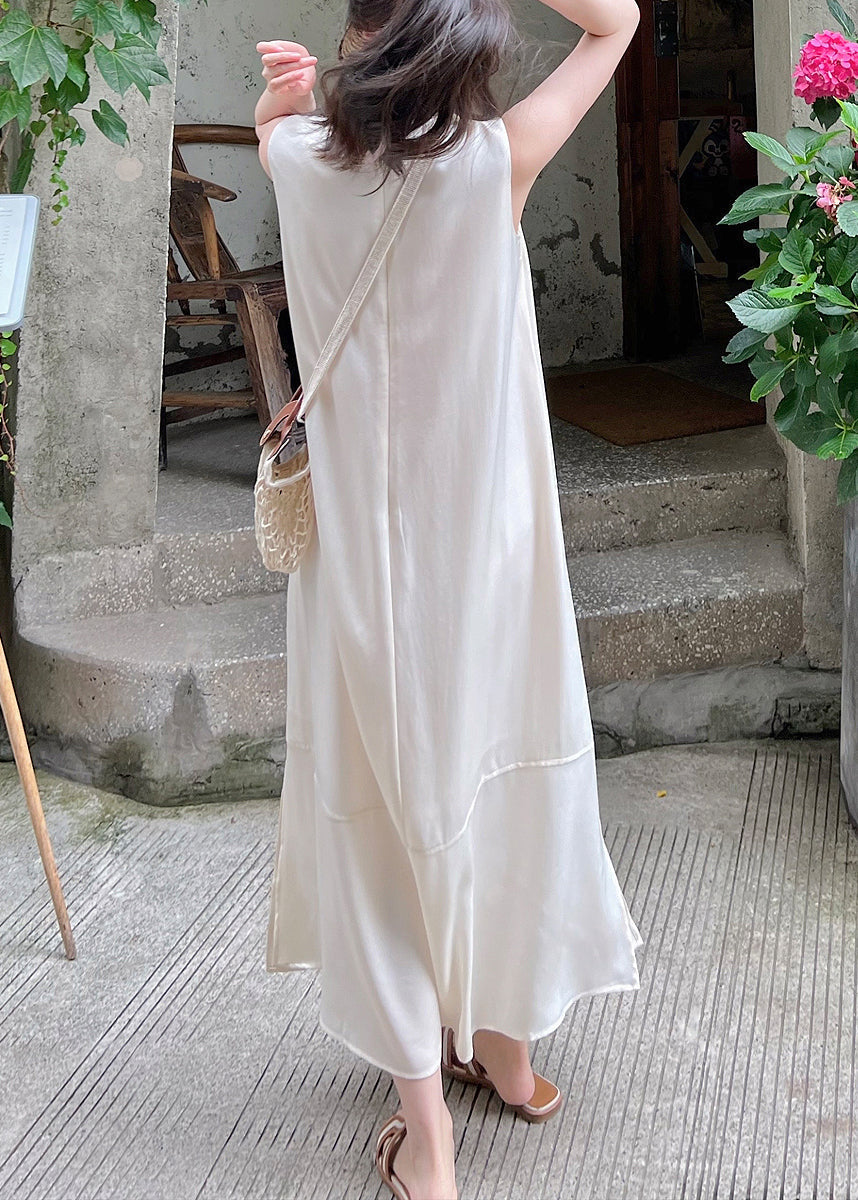 Elegant White O-Neck Side Open Silk Long Dress Sleeveless