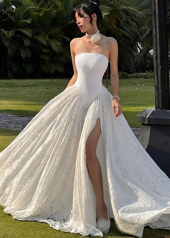 Elegant White Patchwork Side Open Long Dress Cold Shoulder Sleeveless