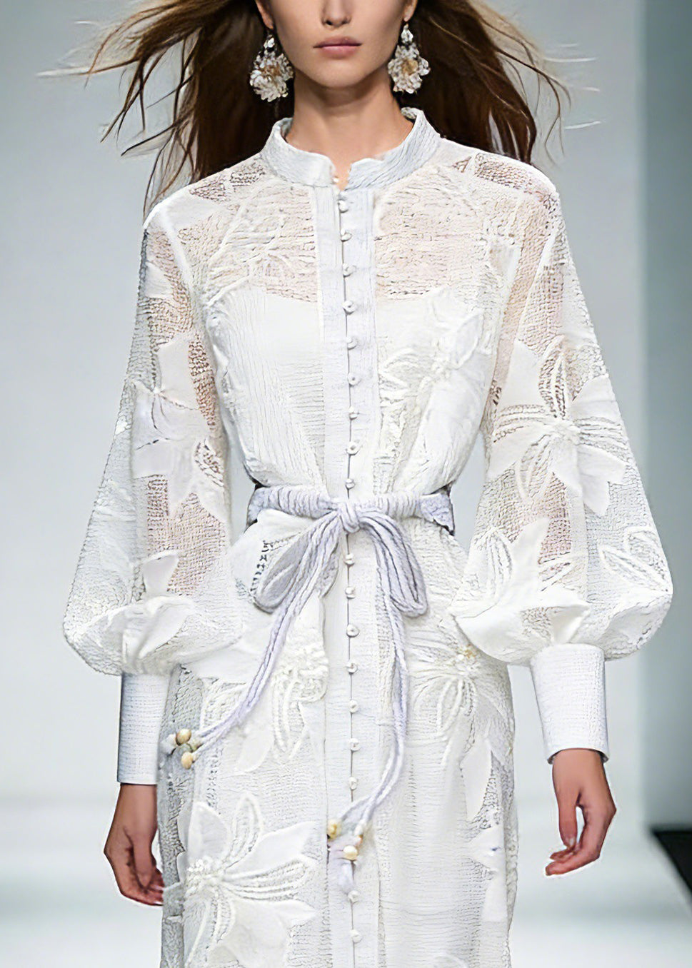 Elegant White Stand Collar Tie Waist Maxi Shirts Dresses Lantern Sleeve