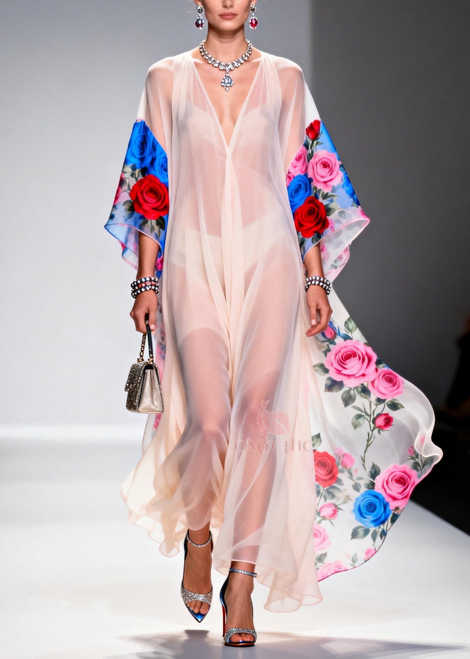 Elegant White V Neck Print Chiffon Beach Dress Summer