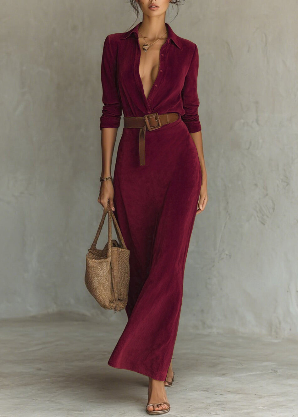 Elegant Wine Red Peter Pan Collar Button Faux Suede Shirt Dress Spring