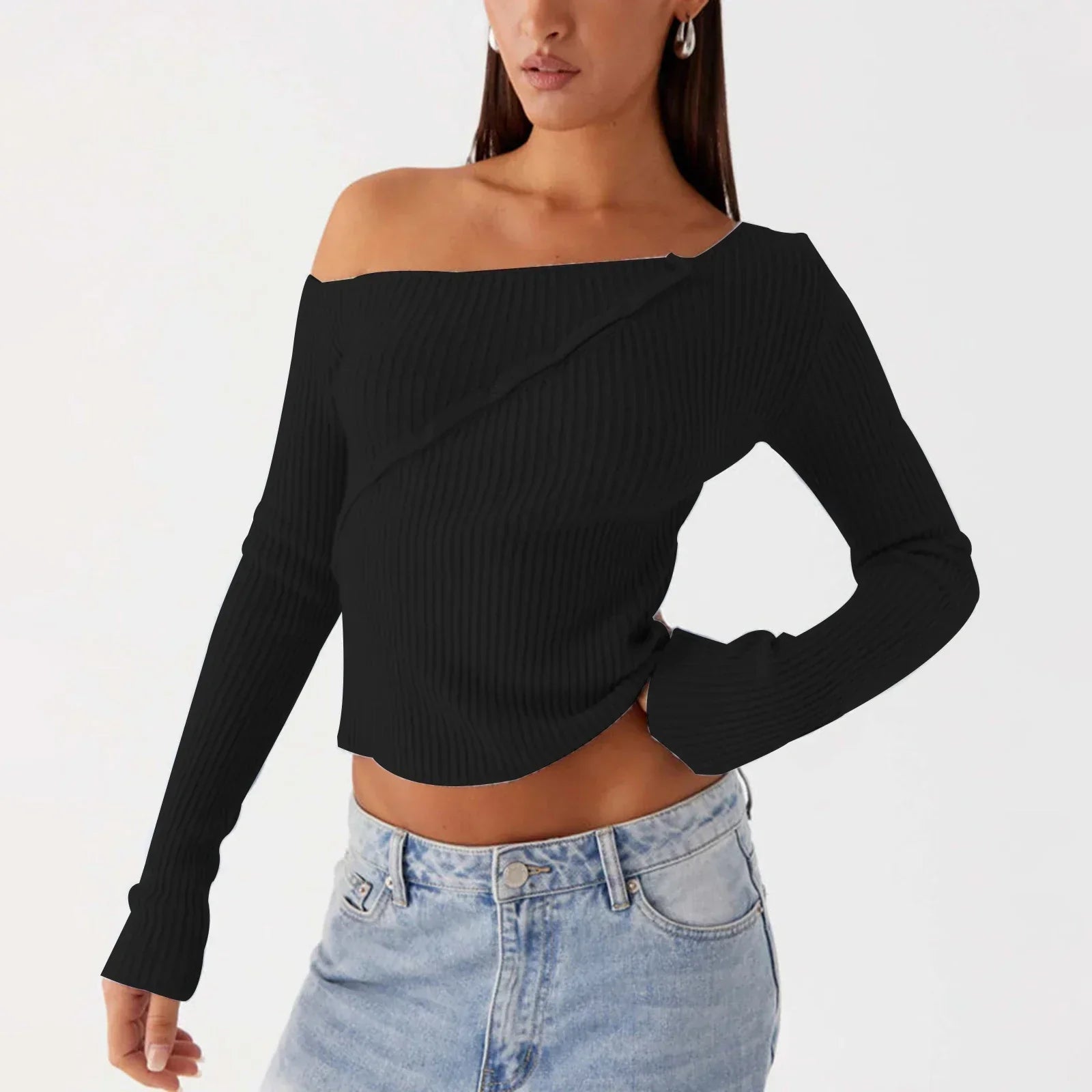 Elegant Off Shoulder Ribbed Solid Crop Slim Fit Knit Top