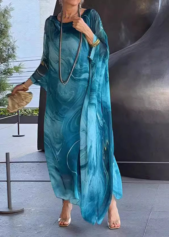 Elegant Yellow O Neck Print Chiffon Long Dress Summer