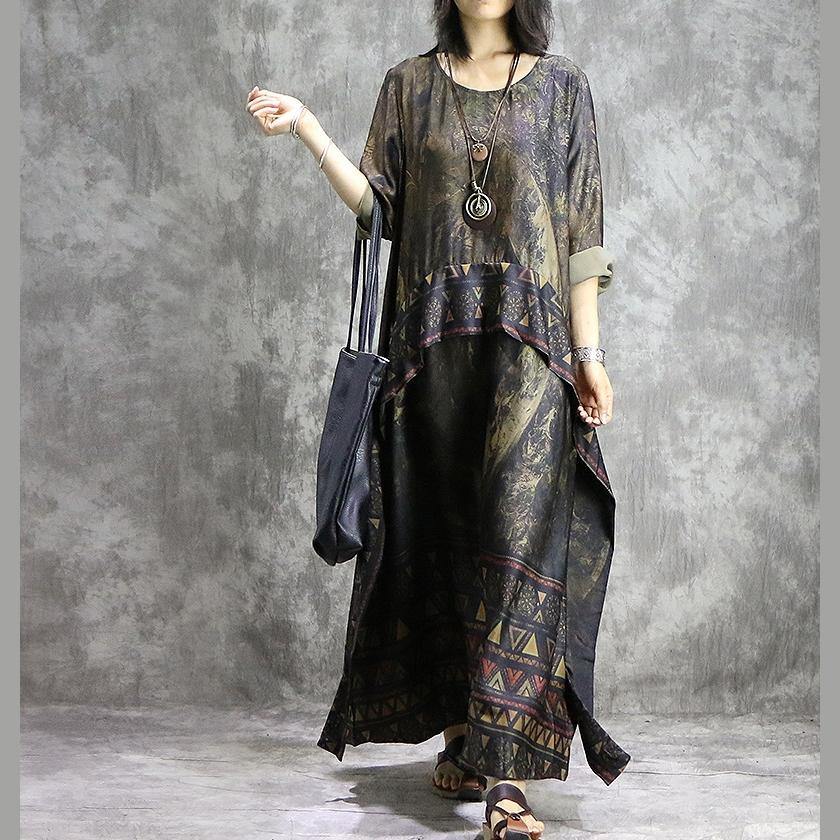 Elegant patchwork Chiffon clothes Mom Neckline khaki Traveling Dresses summer