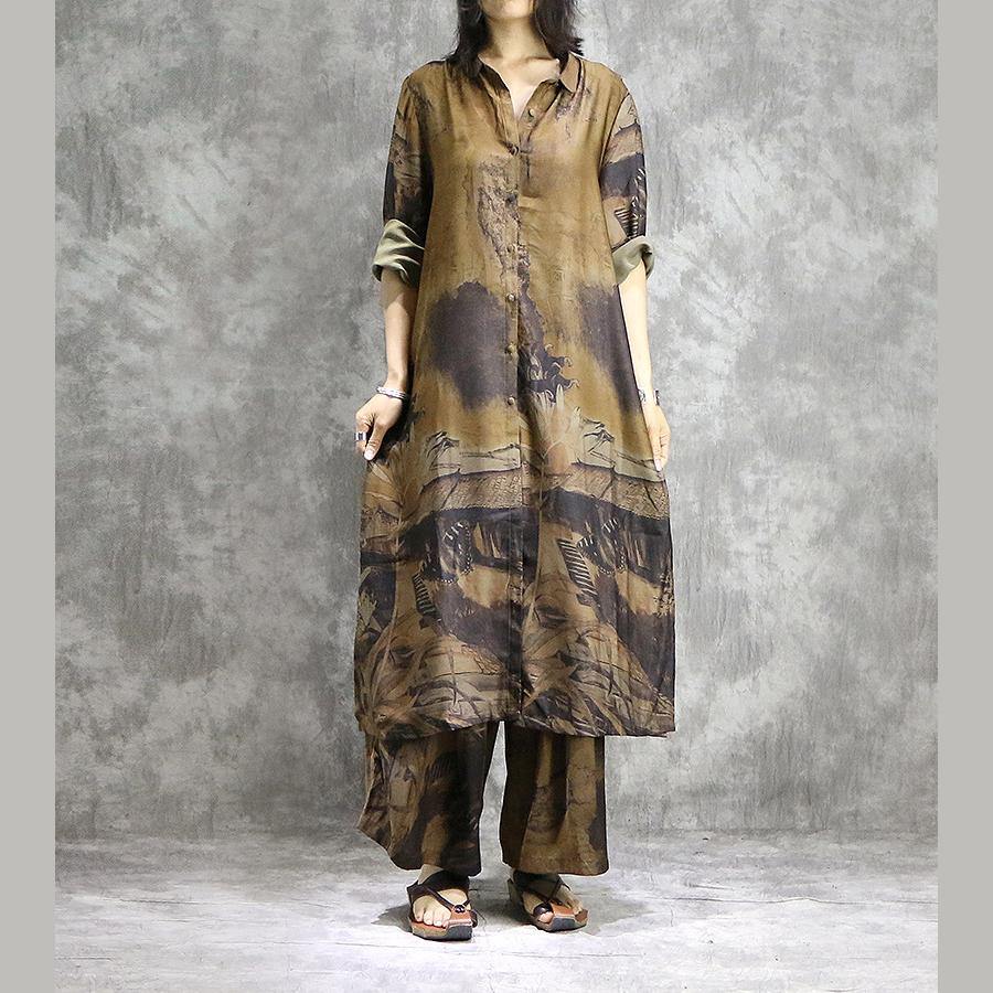 Elegant wide leg pant silk Tunics yellow two pieces Plus Size Dress summer prints