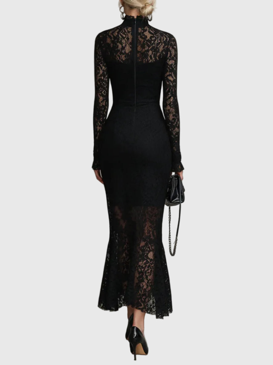 Black Mock Neck Long Sleeve Sheer Lace Fishtail Mermaid Midi Dress