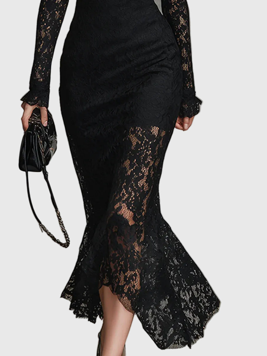 Black High Neck Long Sleeve Sheer Lace Mermaid Maxi Dress