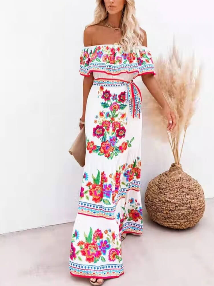 Elegant Short Sleeve Print Maxi Dress