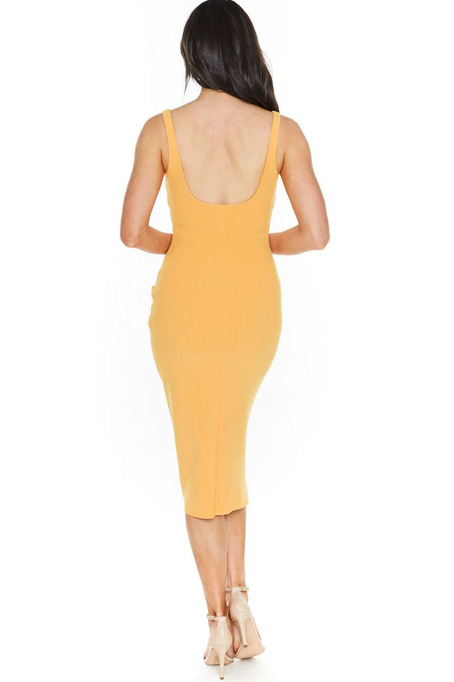 Yellow Square Neck Sleeveless Ruched Bodycon Midi Dress 3