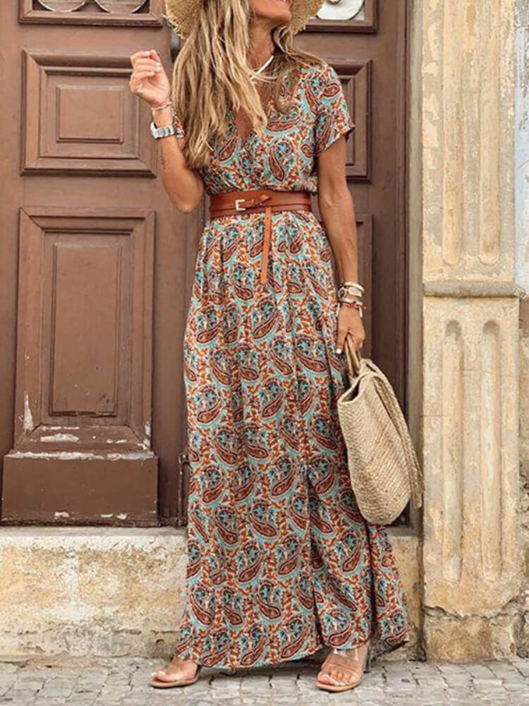 Elegant V Neck Short Sleeve Paisley Print Belt Maxi Dress