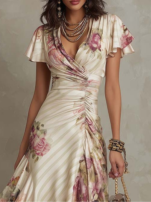 Ivory V-Neck Flutter Sleeve Ruched Floral Flared Midi Dress 3