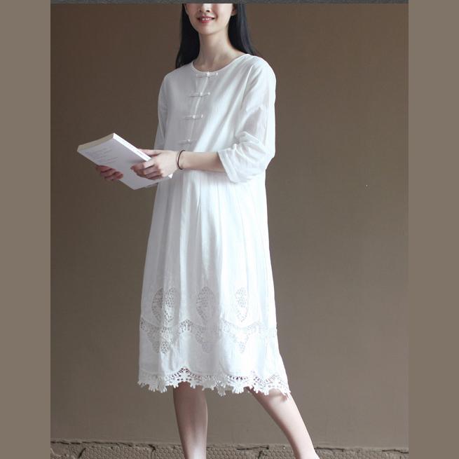 Elegant lace patchwrok white cotton dresses long sleeve maxi dress plus size cotton clothing