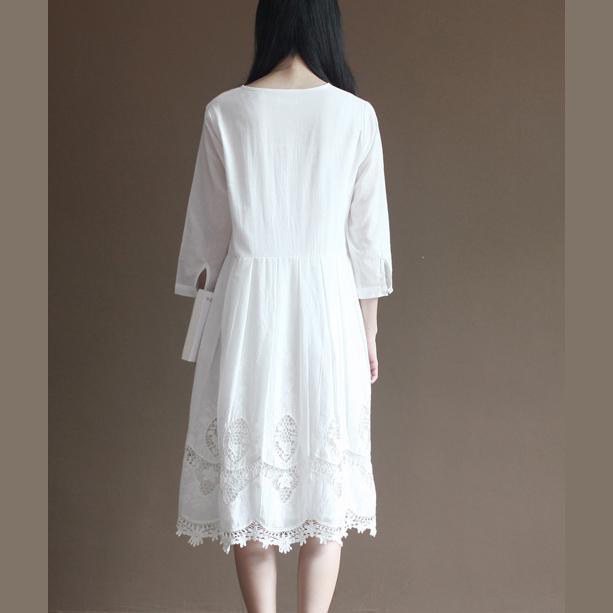 Elegant lace patchwrok white cotton dresses long sleeve maxi dress plus size cotton clothing