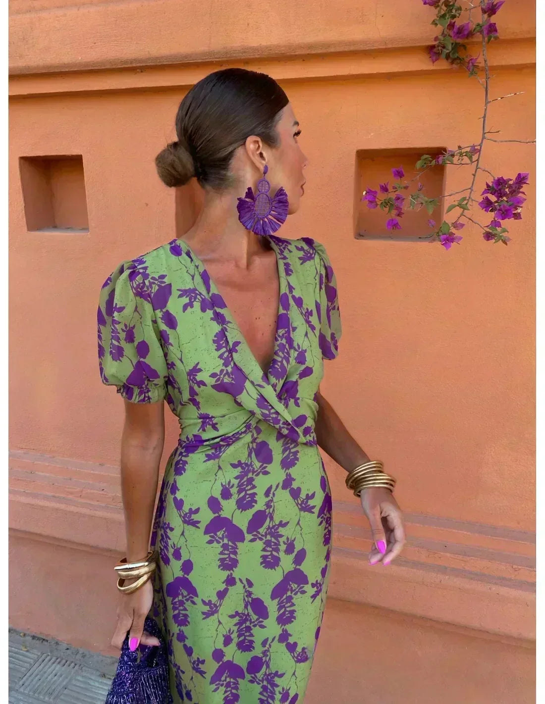 Green/purple V-Neck Floral Print Puff Sleeve Twist Front Bodycon Midi Dress 7