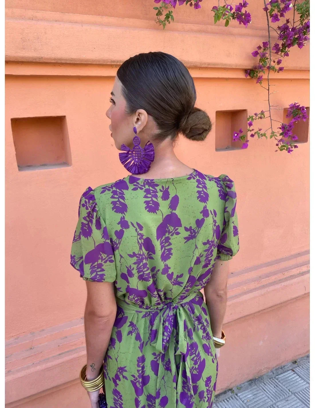 Green V-Neck Puff Sleeve Floral Print Twist Front Midi Dress