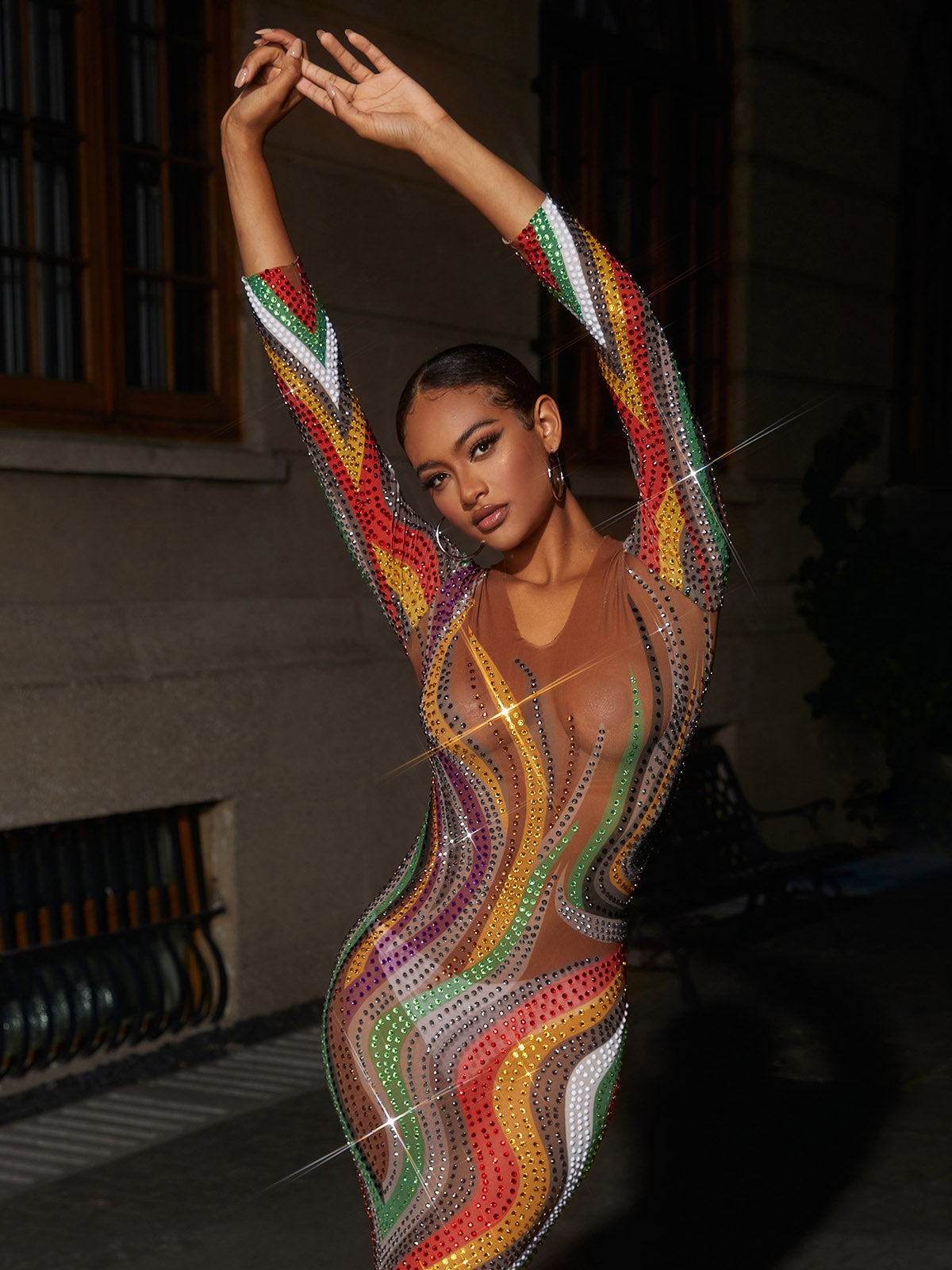 Round Neck Rhinestone Swirl Sheer Mesh Long Sleeve Bodycon Midi Dress