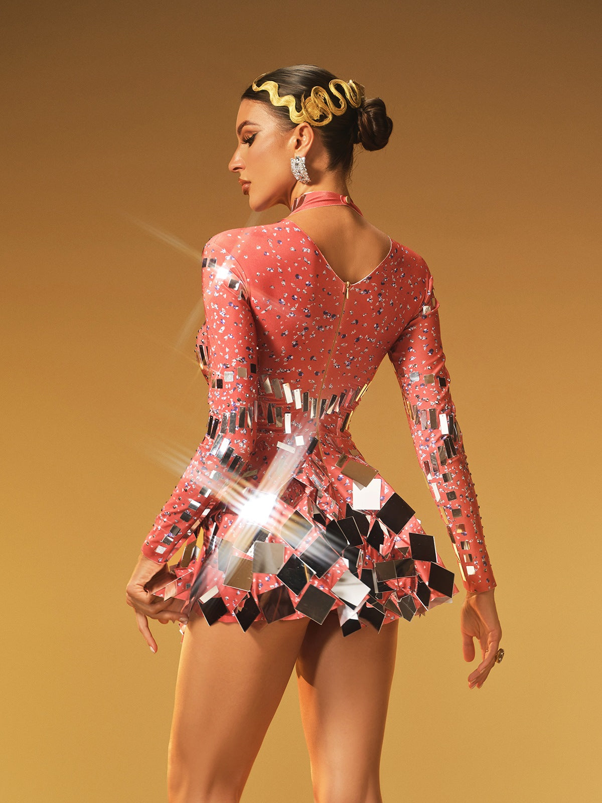 Long Sleeve Embellished Mini Dress In Red