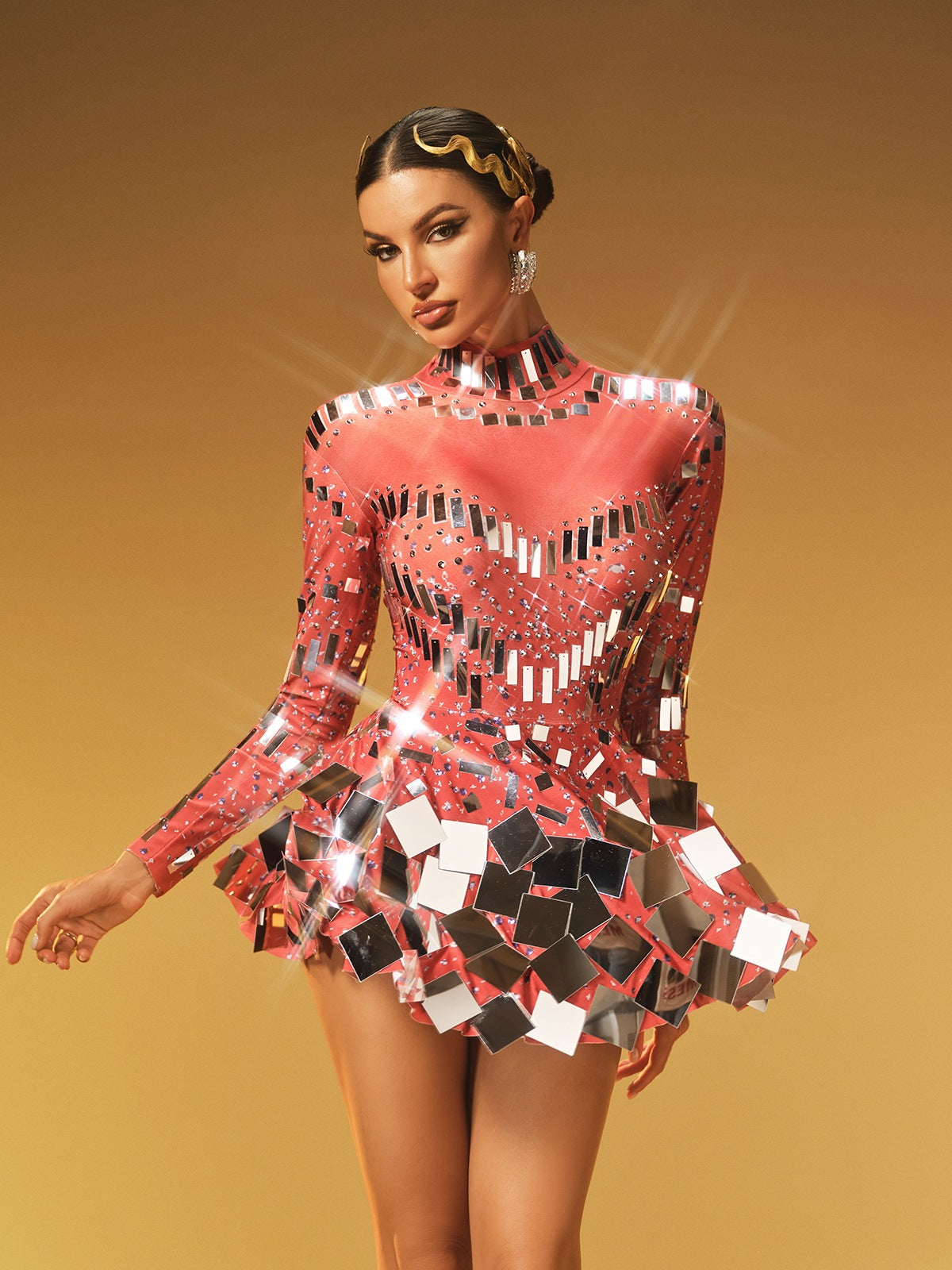 Long Sleeve Embellished Mini Dress In Red