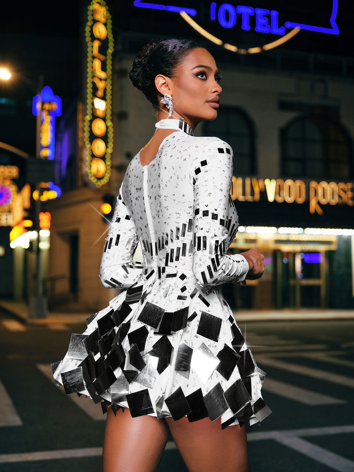 Long Sleeve Embellished Mini Dress In White
