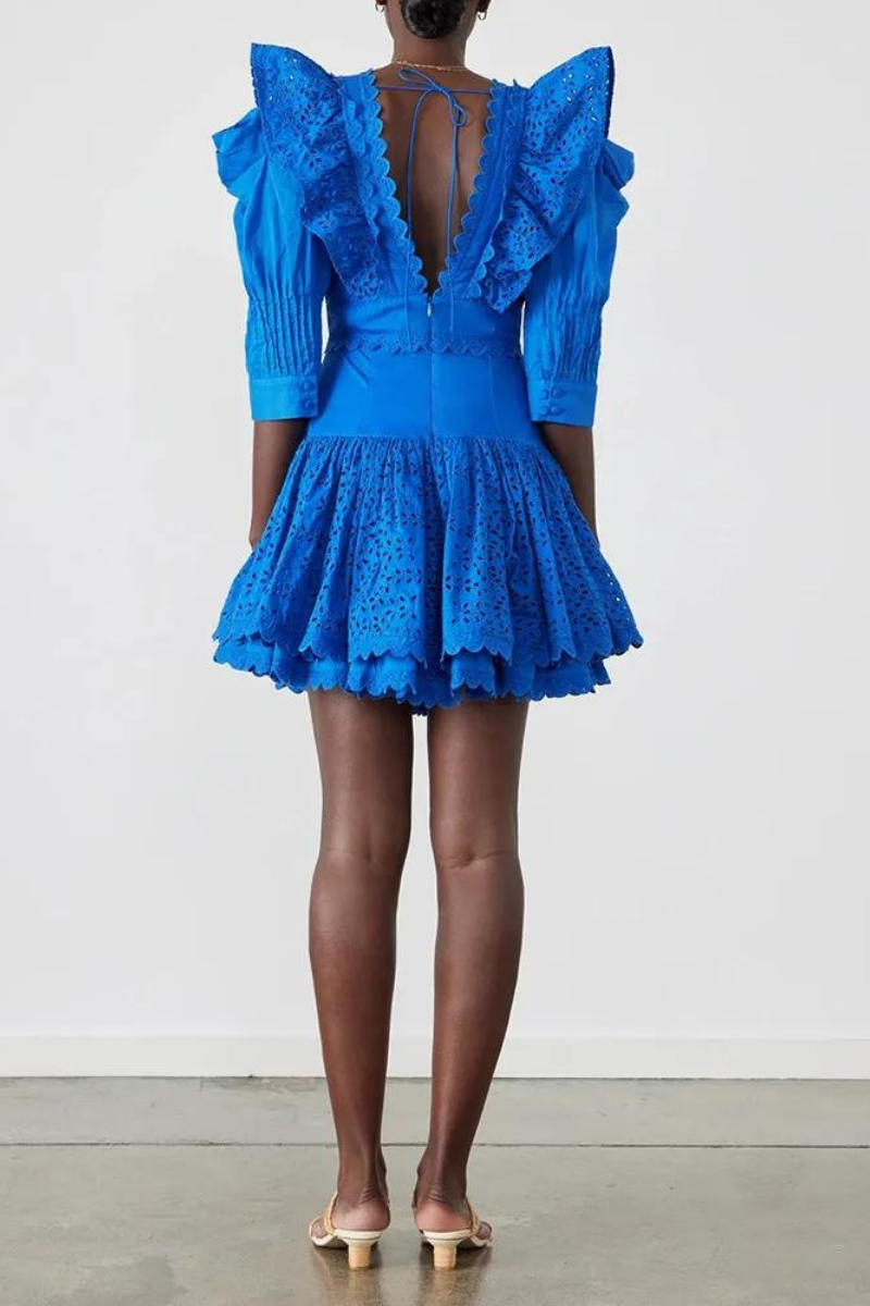 Rosalía Minimalist Backless Mini Dress with Ruffles and a Plunging Neckline Statement Occasion Edit