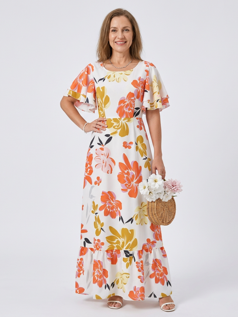 Round Neck Floral Flutter Sleeve Tiered A-Line Maxi Dress