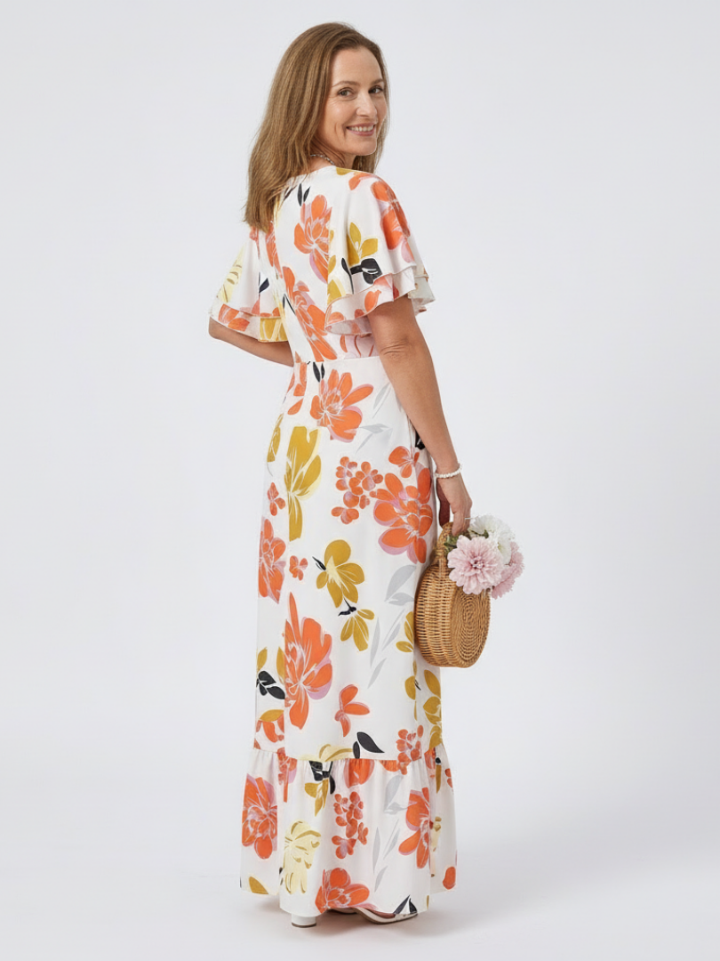 Round Neck Floral Flutter Sleeve Tiered A-Line Maxi Dress