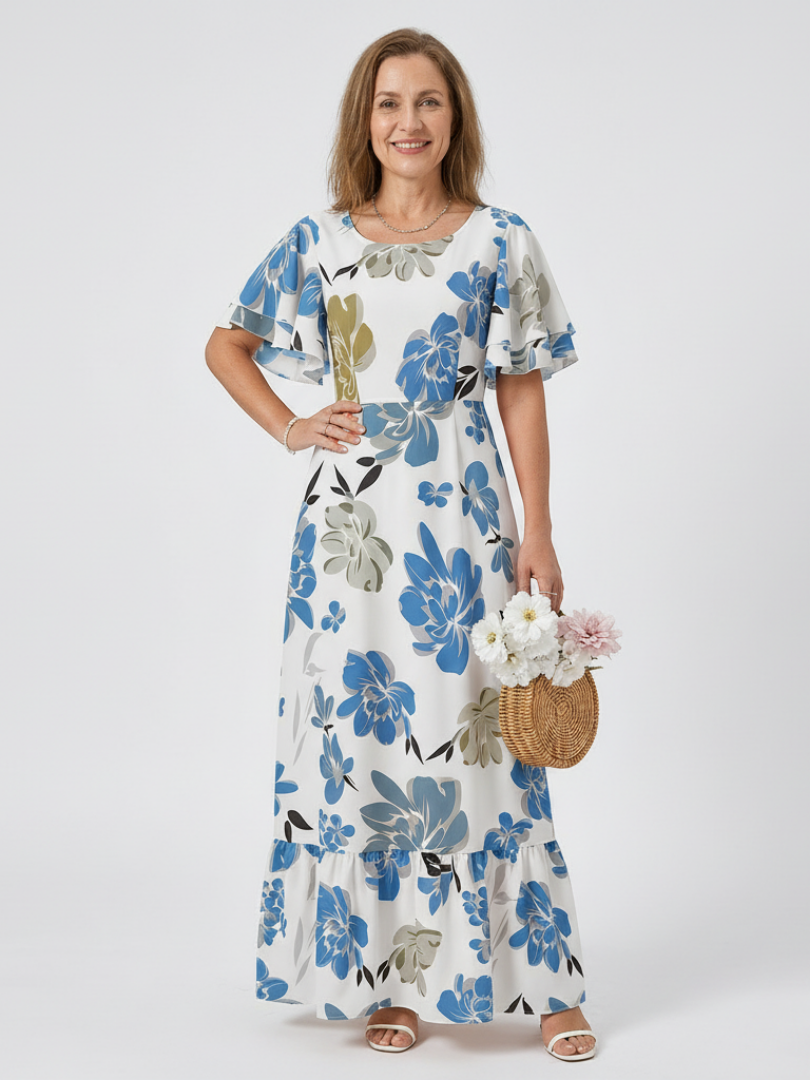 Round Neck Floral Flutter Sleeve Tiered A-Line Maxi Dress