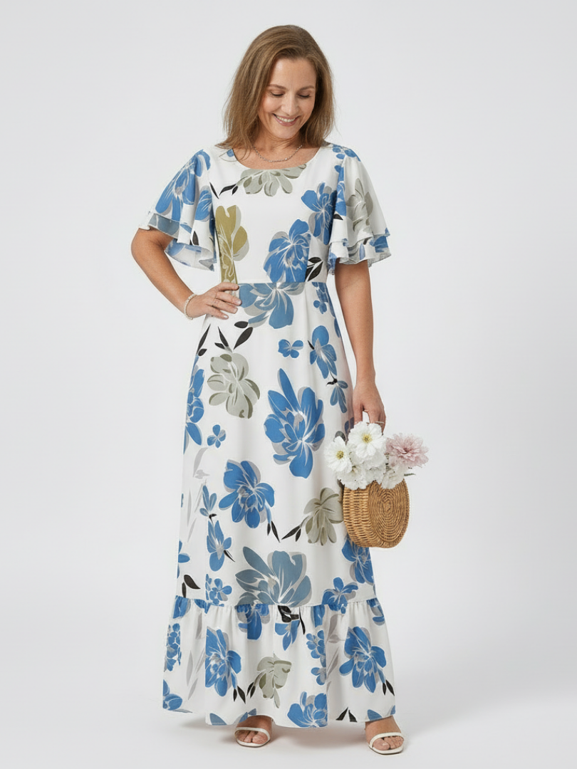 Round Neck Floral Flutter Sleeve Tiered A-Line Maxi Dress
