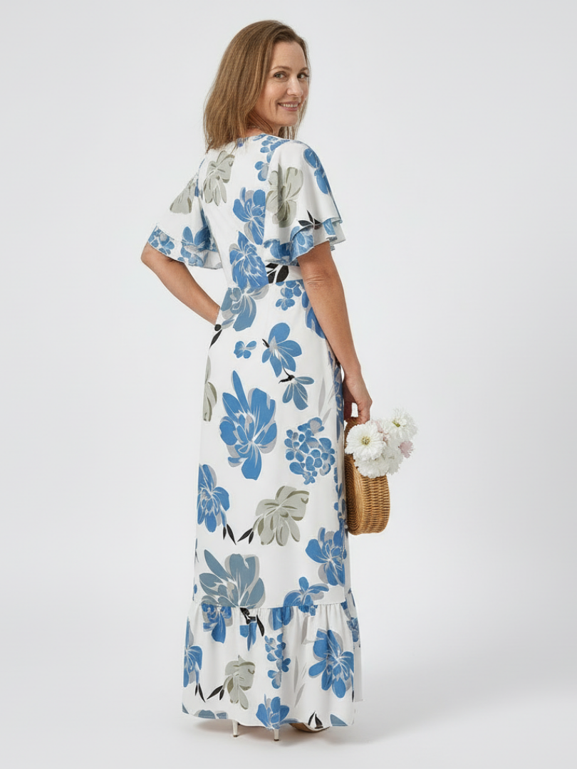 Round Neck Floral Flutter Sleeve Tiered A-Line Maxi Dress