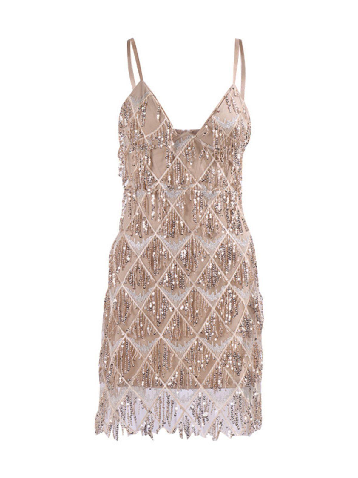 V-Neck Spaghetti Strap Sequin Fringe Sheer Mesh Mini Dress