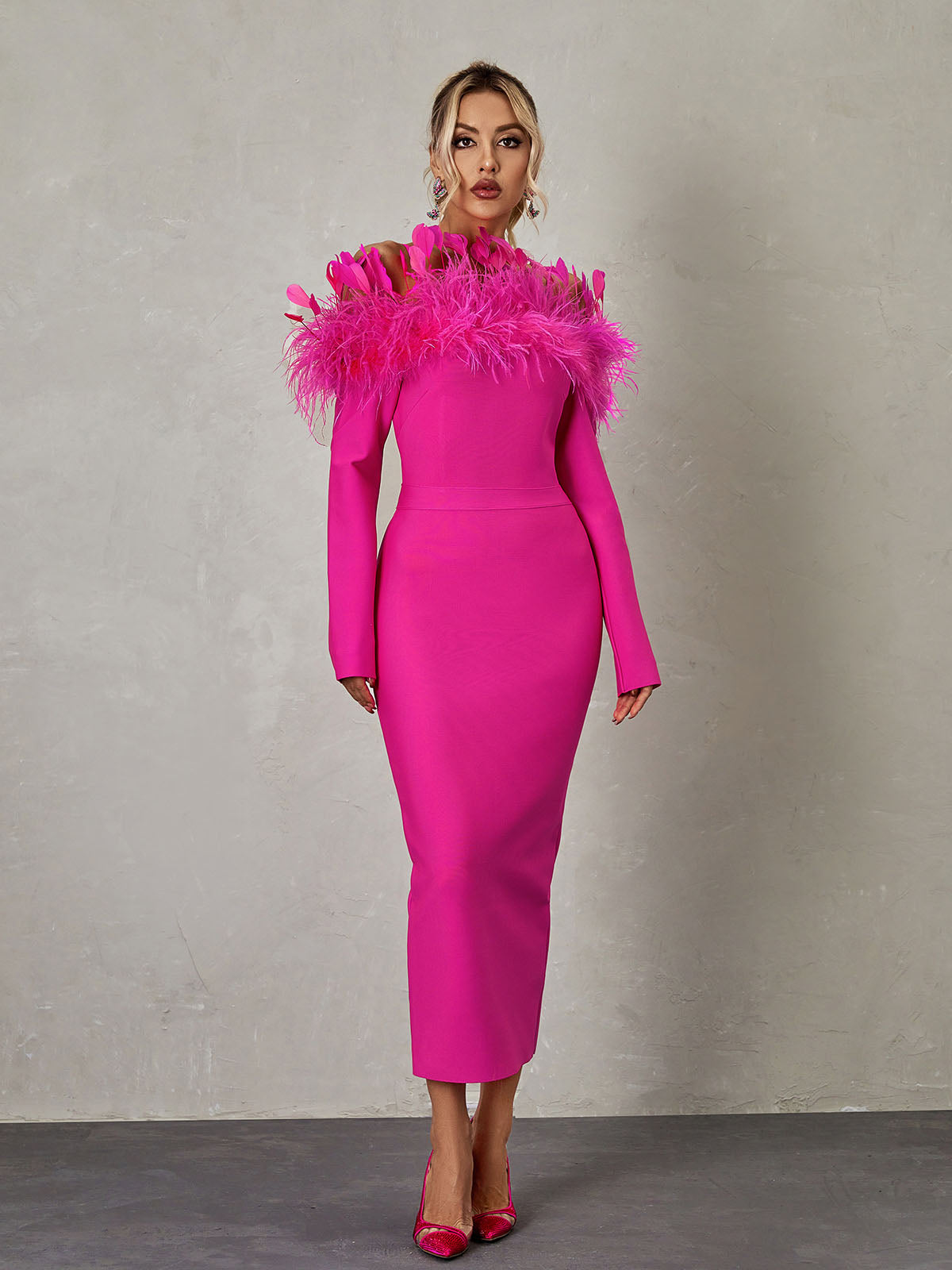 Off-Shoulder Feather Trim Long Sleeve Bandage Bodycon Midi Dress