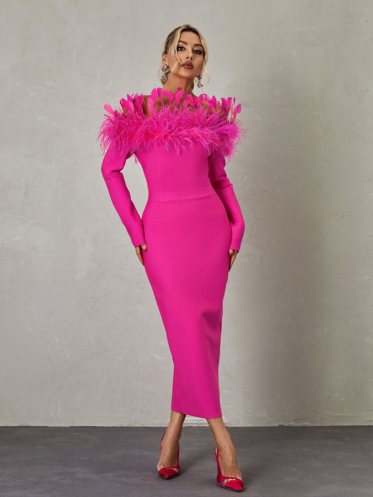 Off-Shoulder Feather Trim Long Sleeve Bandage Bodycon Midi Dress