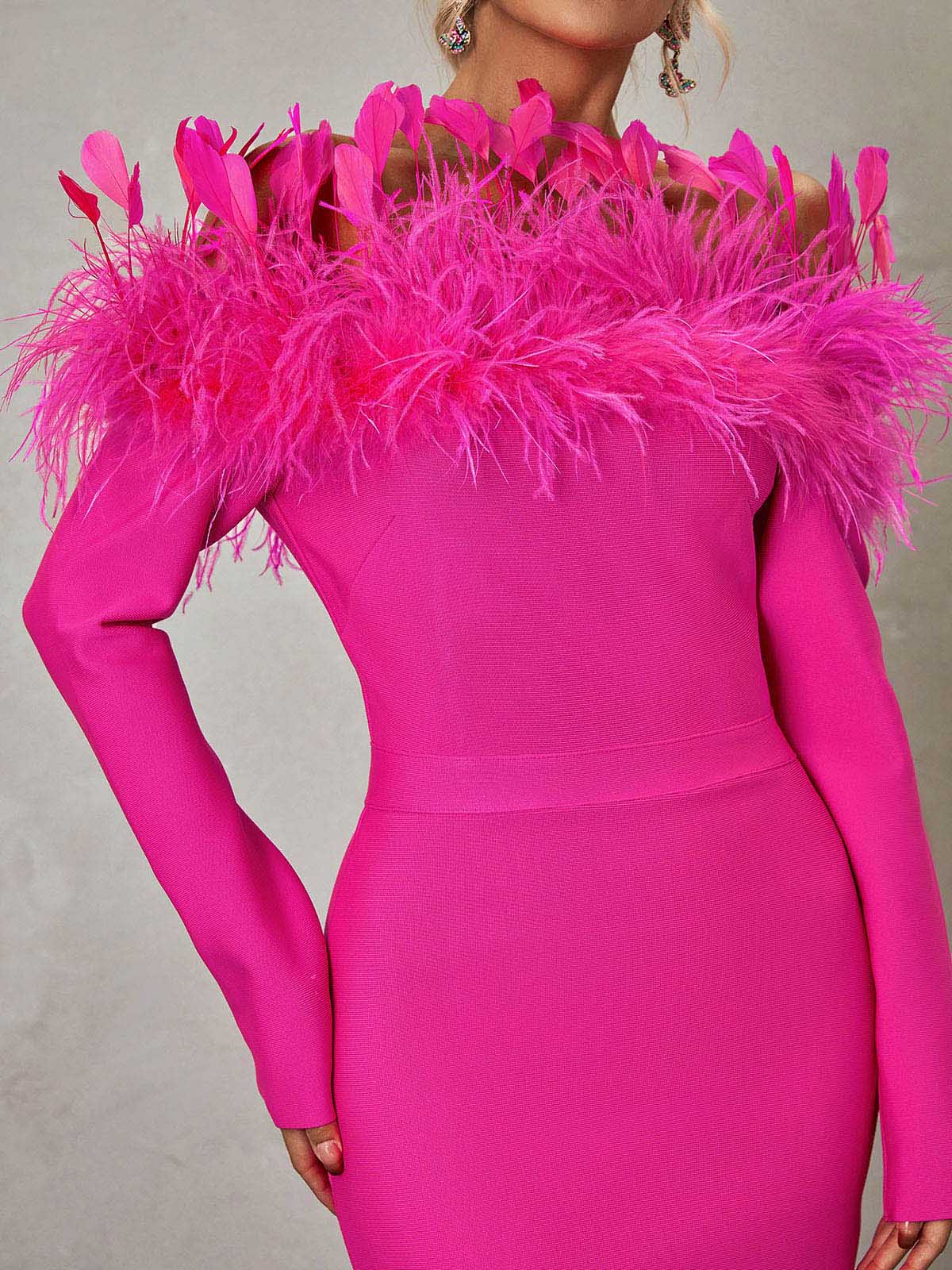 Off-Shoulder Feather Trim Long Sleeve Bandage Bodycon Midi Dress