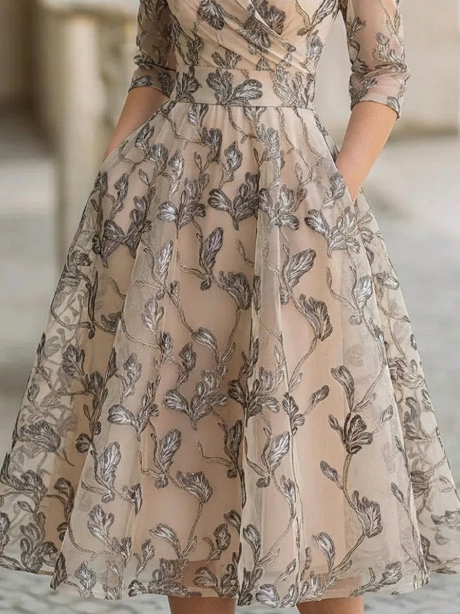 Apricot Shawl Collar Embroidered Metallic Leaf Mesh A-Line Midi Dress