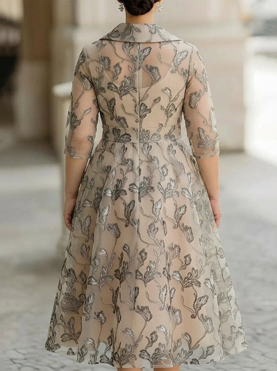 Apricot Shawl Collar Embroidered Metallic Leaf Mesh A-Line Midi Dress