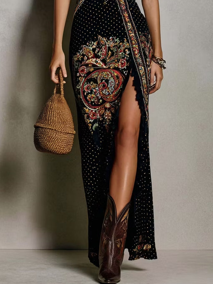 Black V-Neck Ruffle Strap Paisley Print High Slit Bodycon Maxi Dress 3