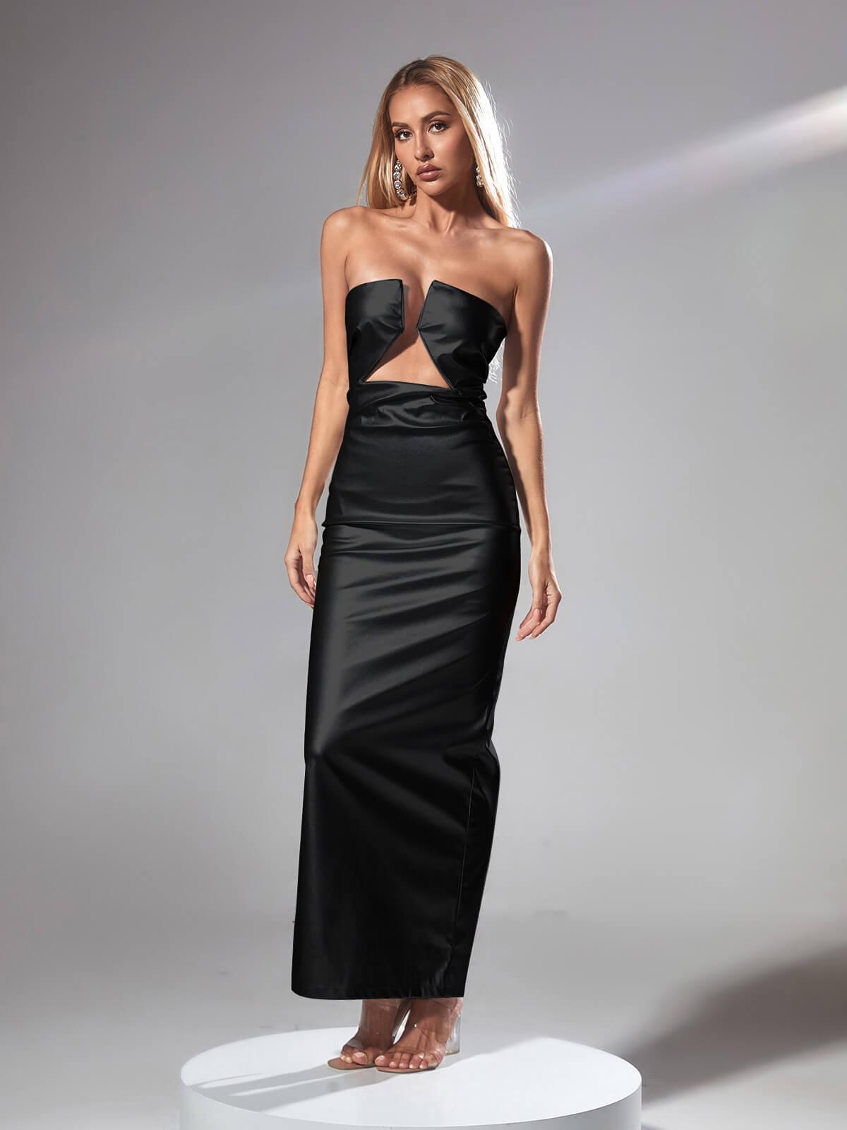 Strapless Satin V-Wire Cutout High Slit Bodycon Maxi Dress