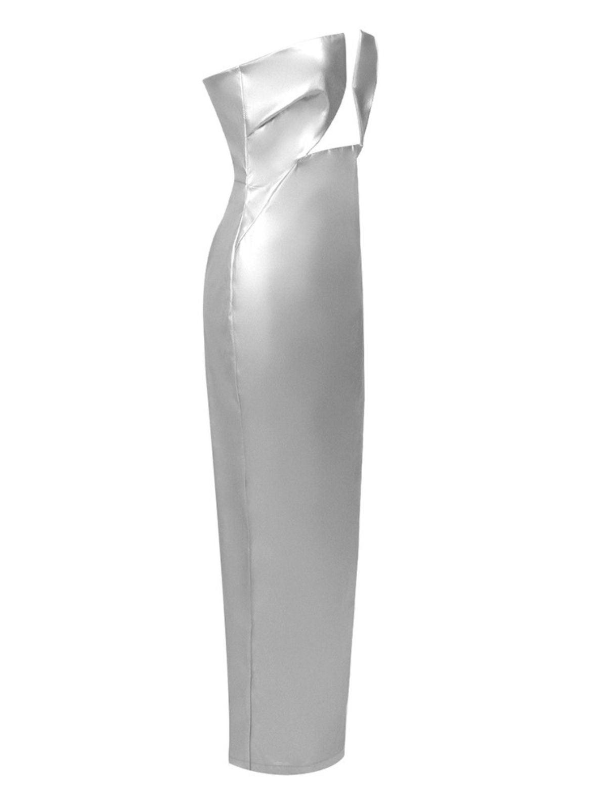 Strapless Metallic V-Bust Cutout Ruched Bodycon Maxi Dress