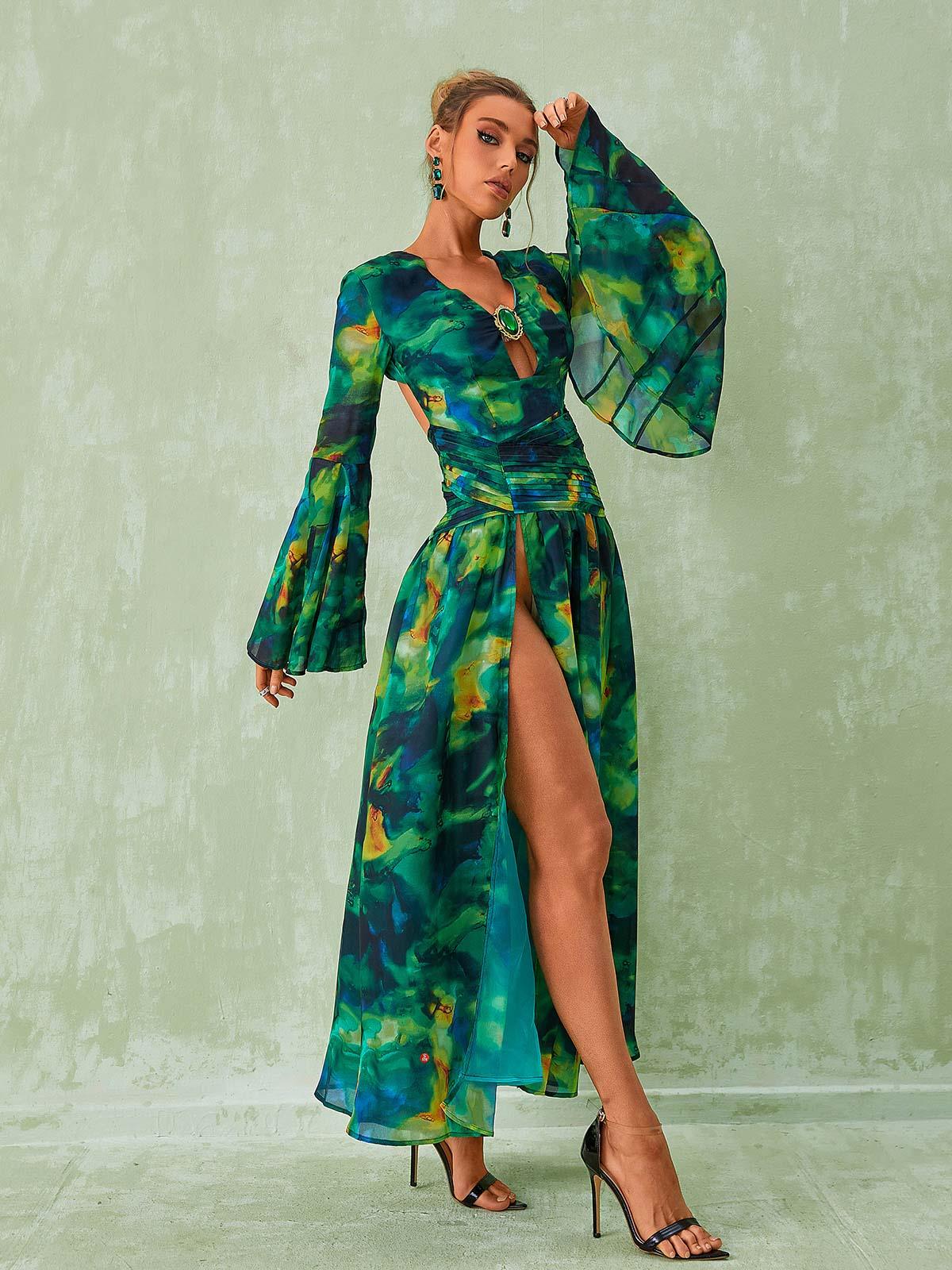 Green Plunge Neck Abstract Print Flare Sleeve High Slit Maxi Dress 3