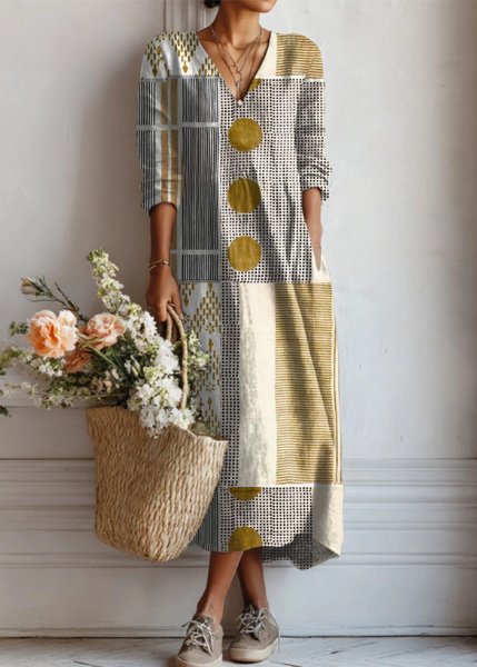 Multicolor V-Neck Abstract Polka Dot Patchwork Long Sleeve Shift Midi Dress