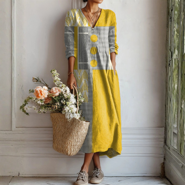 Multicolor V-Neck Geometric Patchwork Long Sleeve Shift Midi Dress