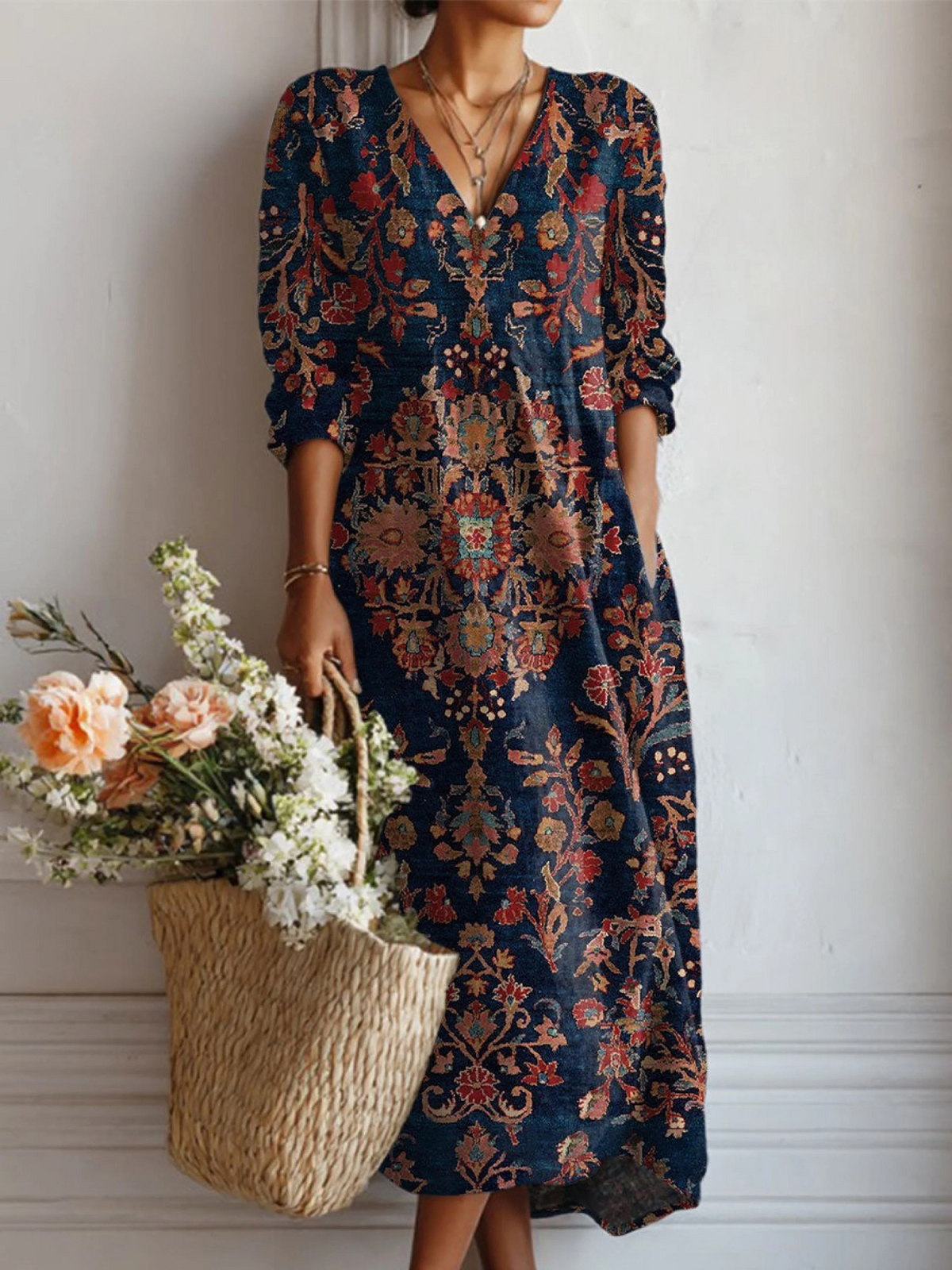 Dress V-Neck Bohemian Floral Print Long Sleeve Pocket Midi Dress