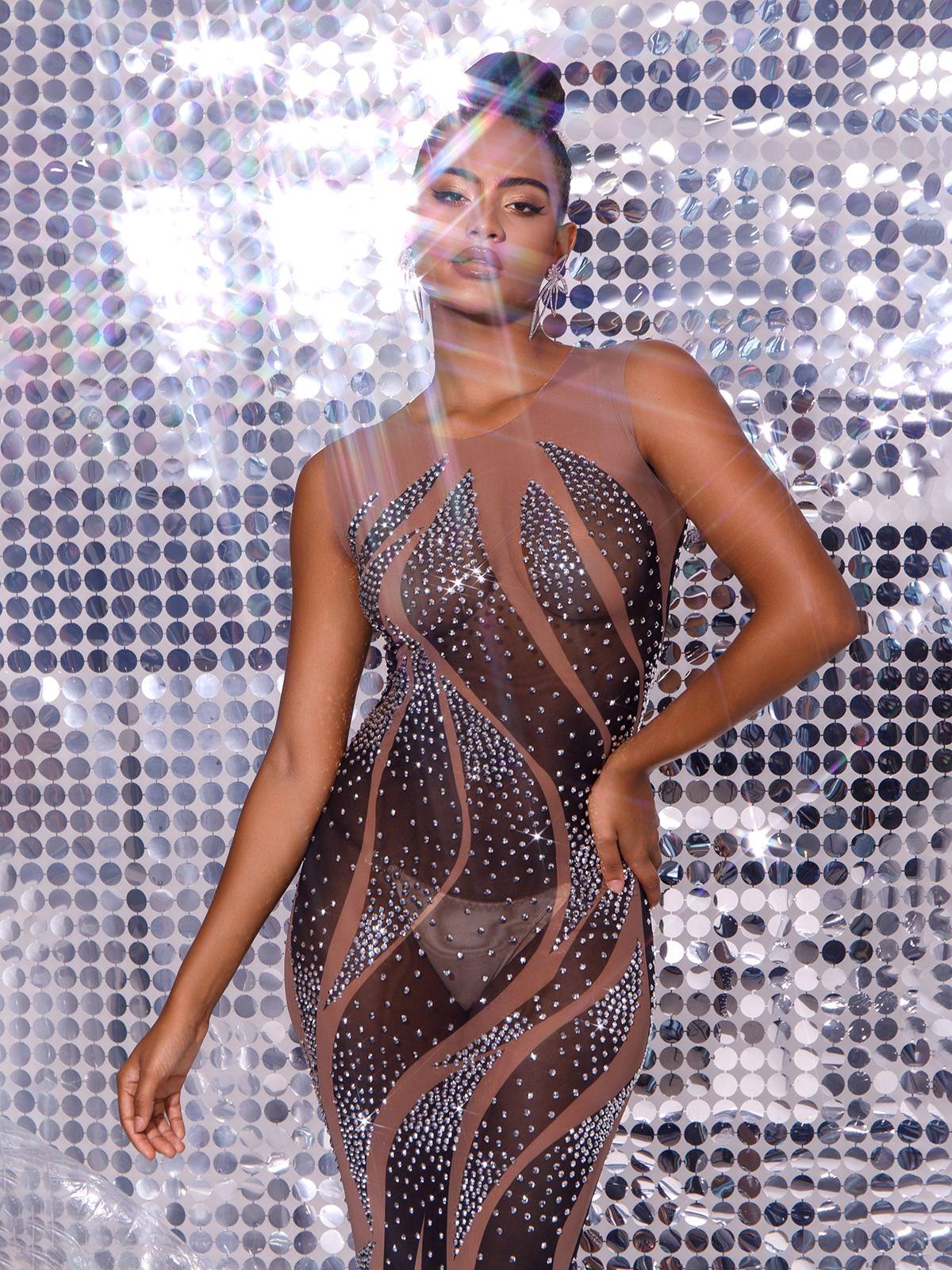 Sleeveless Rhinestone Swirl Sheer Mesh Illusion Bodycon Maxi Gown